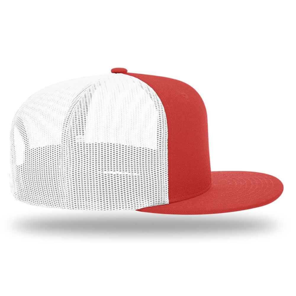 Custom Flat Brim Baseball Caps Richardson 511 trucker hat style White Mesh Back RED Acrylic Polyester Blend Fabric RIGHT view