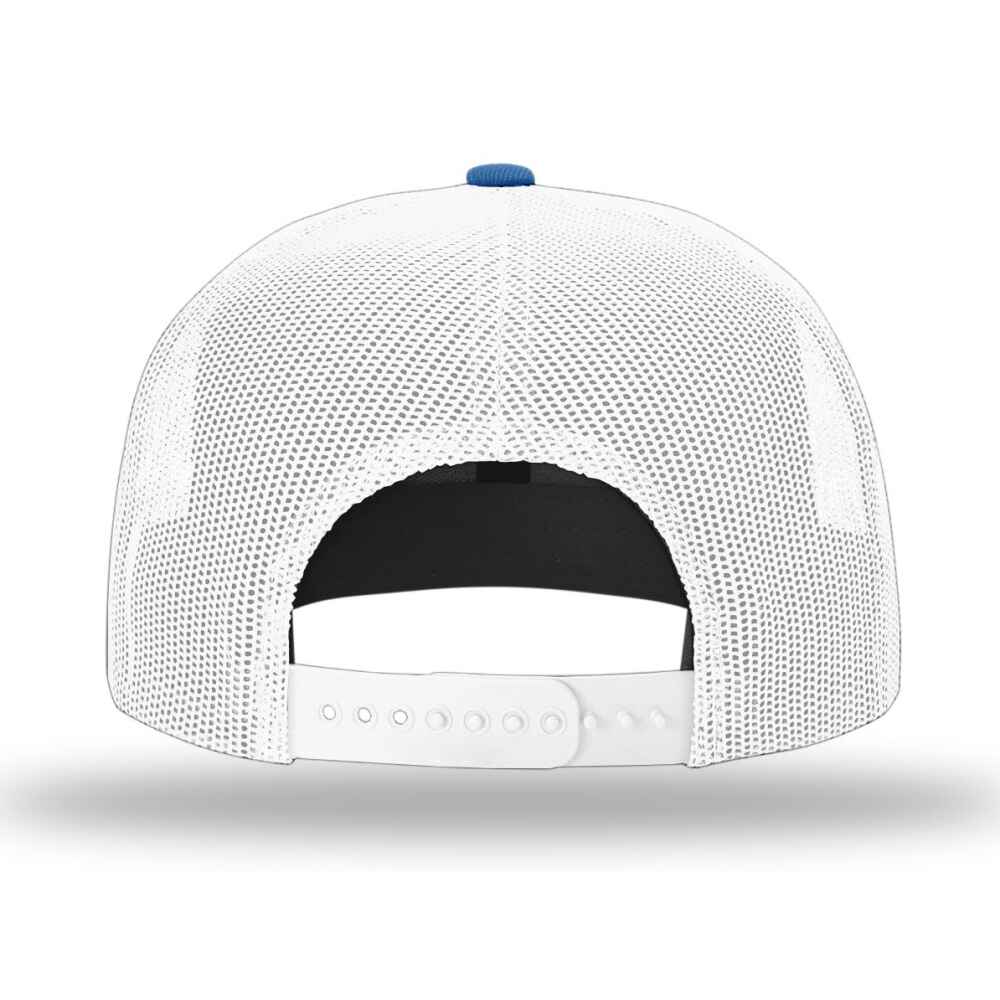 Custom Flat Brim Baseball Caps Richardson 511 trucker hat style White Mesh Back Royal Acrylic Polyester Blend Fabric BACK view