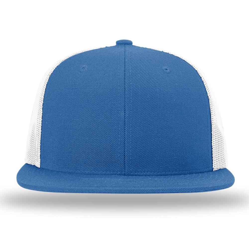 Custom Flat Brim Baseball Caps Richardson 511 trucker hat style White Mesh Back Royal Acrylic Polyester Blend Fabric Front view