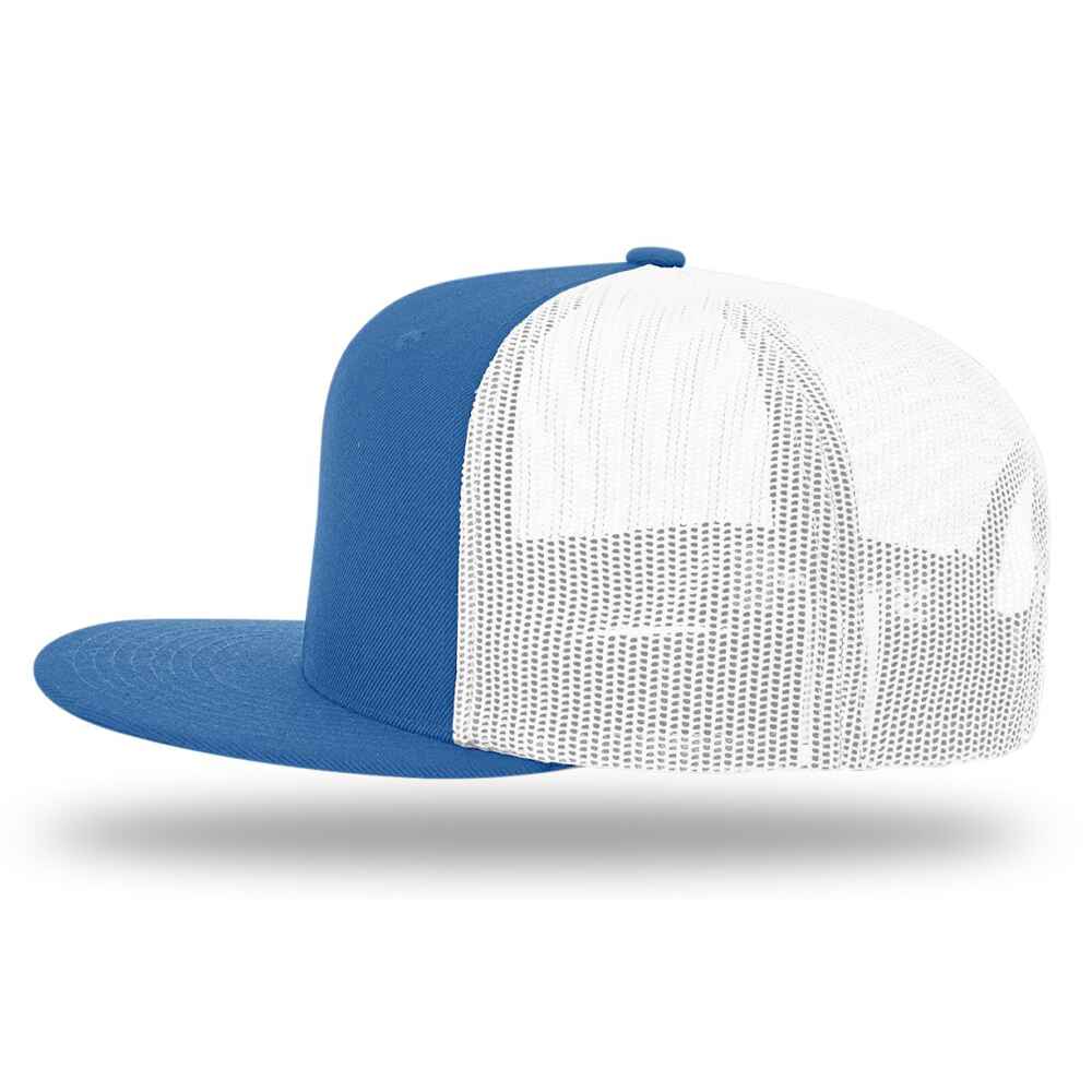 Custom Flat Brim Baseball Caps Richardson 511 trucker hat style White Mesh Back Royal Acrylic Polyester Blend Fabric LEFT view