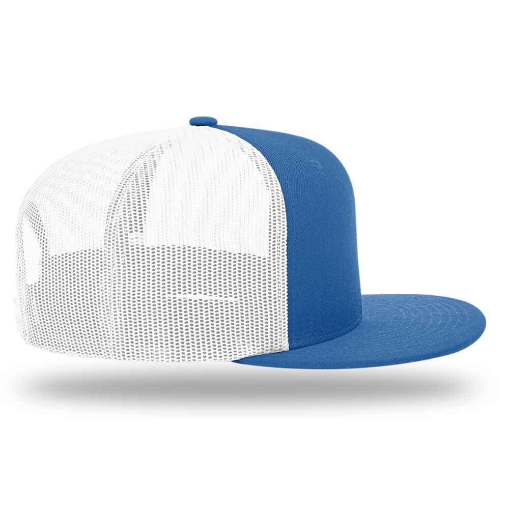 Custom Flat Brim Baseball Caps Richardson 511 trucker hat style White Mesh Back Royal Acrylic Polyester Blend Fabric RIGHT view