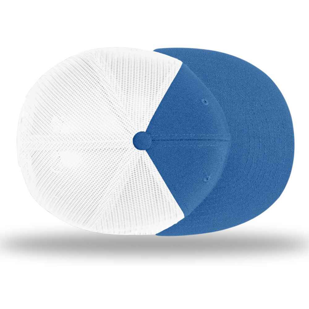 Custom Flat Brim Baseball Caps Richardson 511 trucker hat style White Mesh Back Royal Acrylic Polyester Blend Fabric TOP view