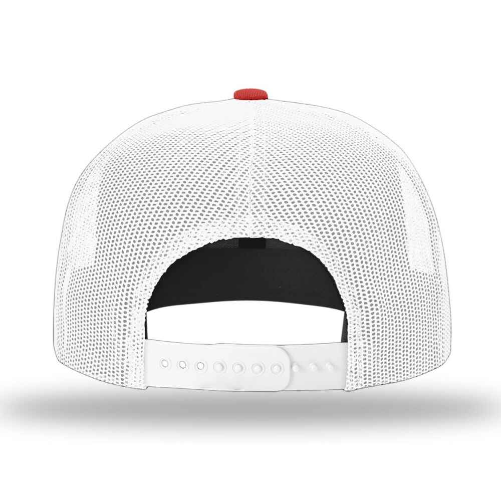 MCustom Flat Brim Baseball Caps Richardson 511 trucker hat style White Mesh Back RED Acrylic Polyester Blend Fabric BACK view