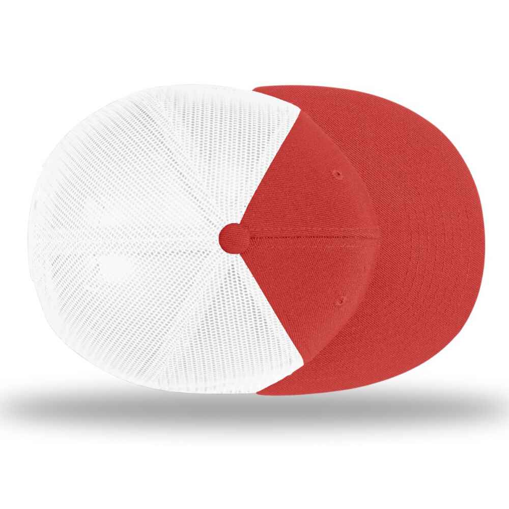 MCustom Flat Brim Baseball Caps Richardson 511 trucker hat style White Mesh Back RED Acrylic Polyester Blend Fabric TOP view