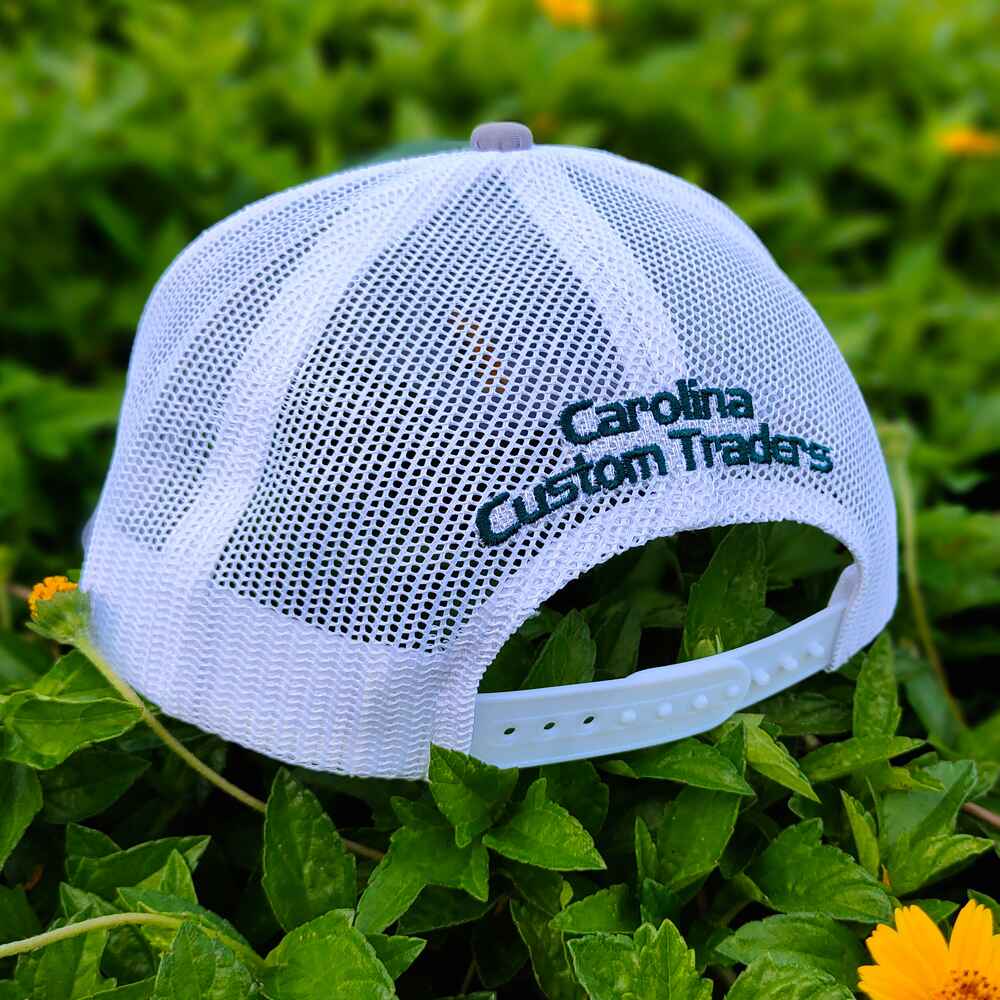 Topone Custom Flat Embroidery on Front Panel Cotton Twill Fabric Baseball Caps Green Crown Grey Visor Back View