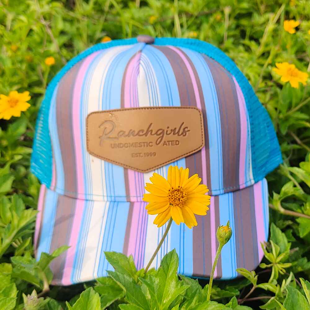 Topone Custom Leather Patch on cap front Sublimate Printed Front and Visor Neon Blue Mesh Back Trucker Hats Front View