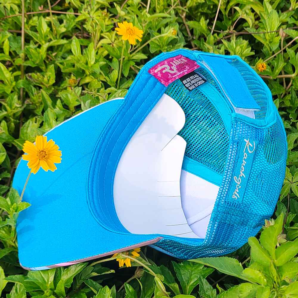 Topone Custom Leather Patch on cap front Sublimate Printed Front and Visor Neon Blue Mesh Back Trucker Hats Inner View