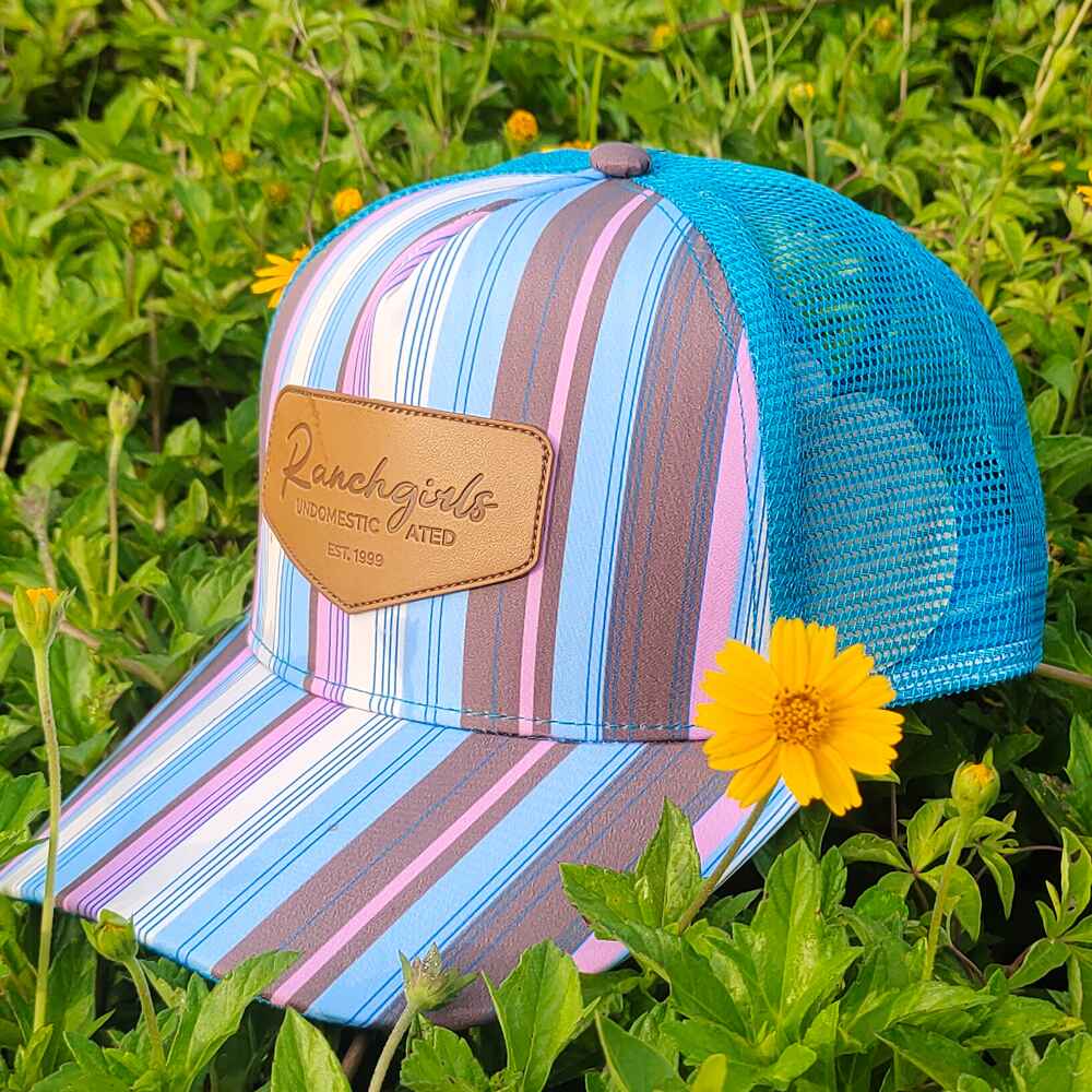 Topone Custom Leather Patch on cap front Sublimate Printed Front and Visor Neon Blue Mesh Back Trucker Hats Left View