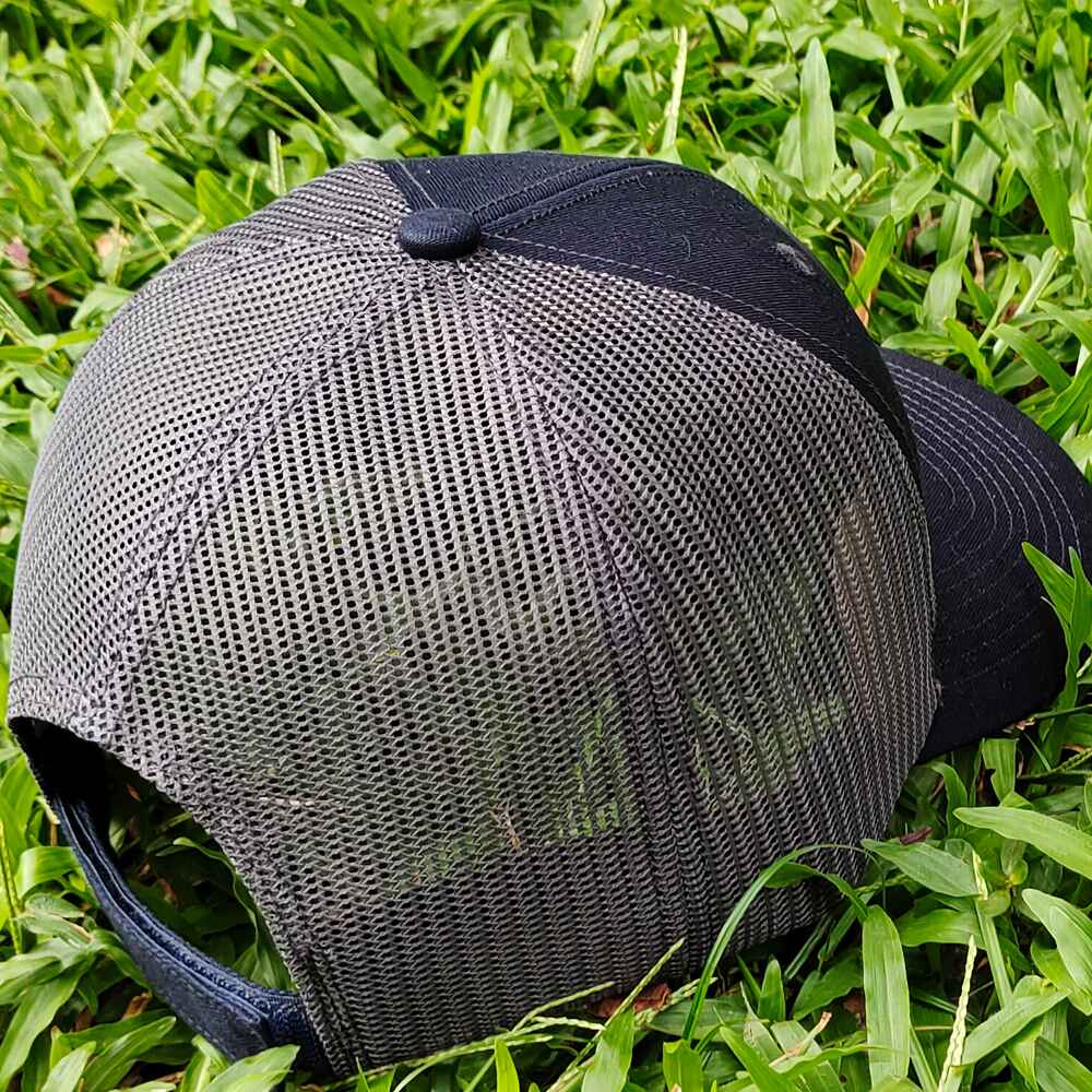 Topone Custom PVC patch on front panels Navy cotton on front and visor charcoal mesh back 112 trucker hats Back View