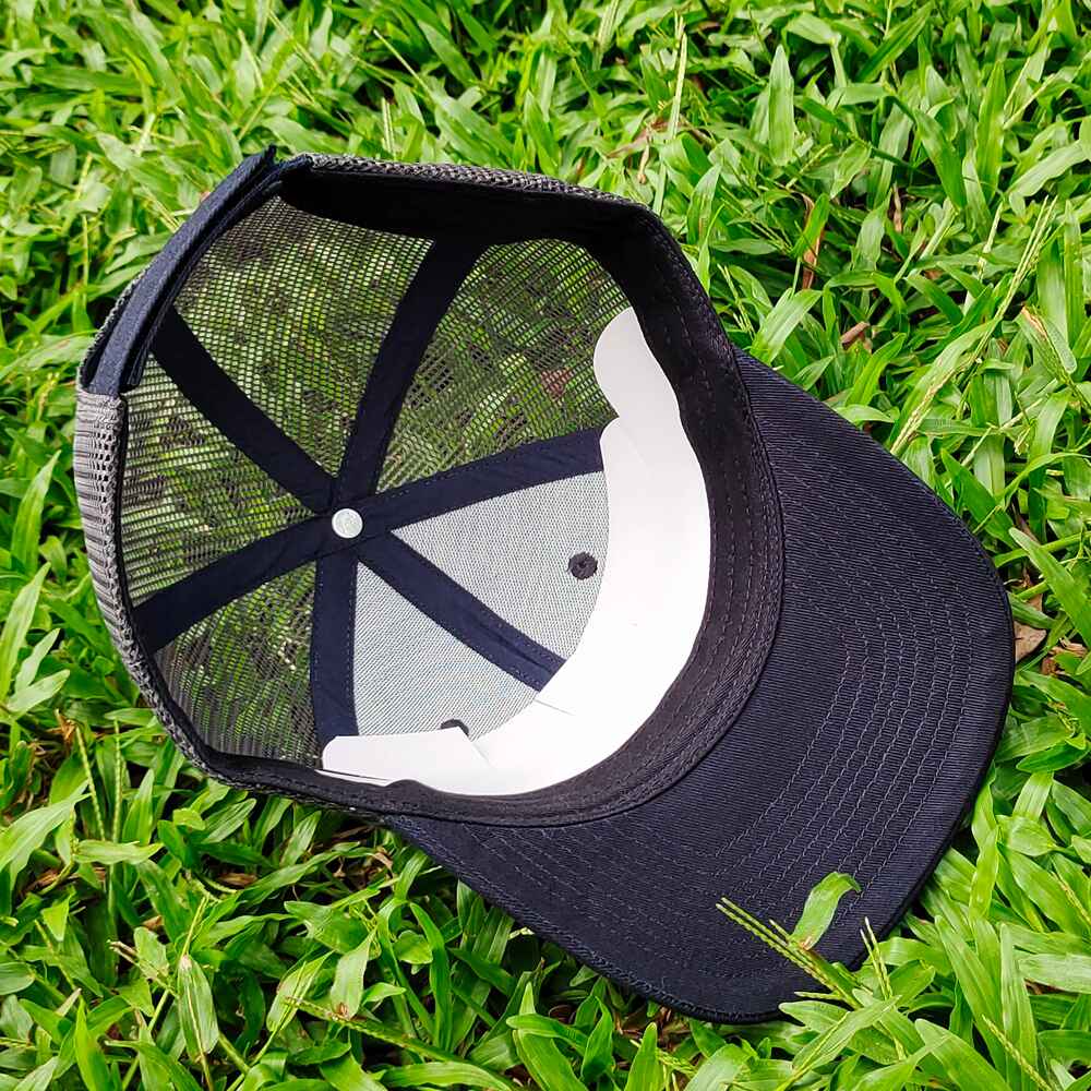 Topone Custom PVC patch on front panels Navy cotton on front and visor charcoal mesh back 112 trucker hats Inner View