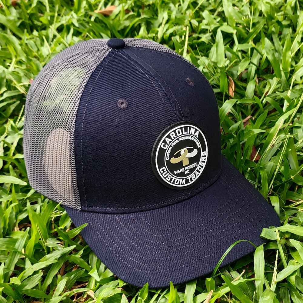 Topone Custom PVC patch on front panels Navy cotton on front and visor charcoal mesh back 112 trucker hats Right View