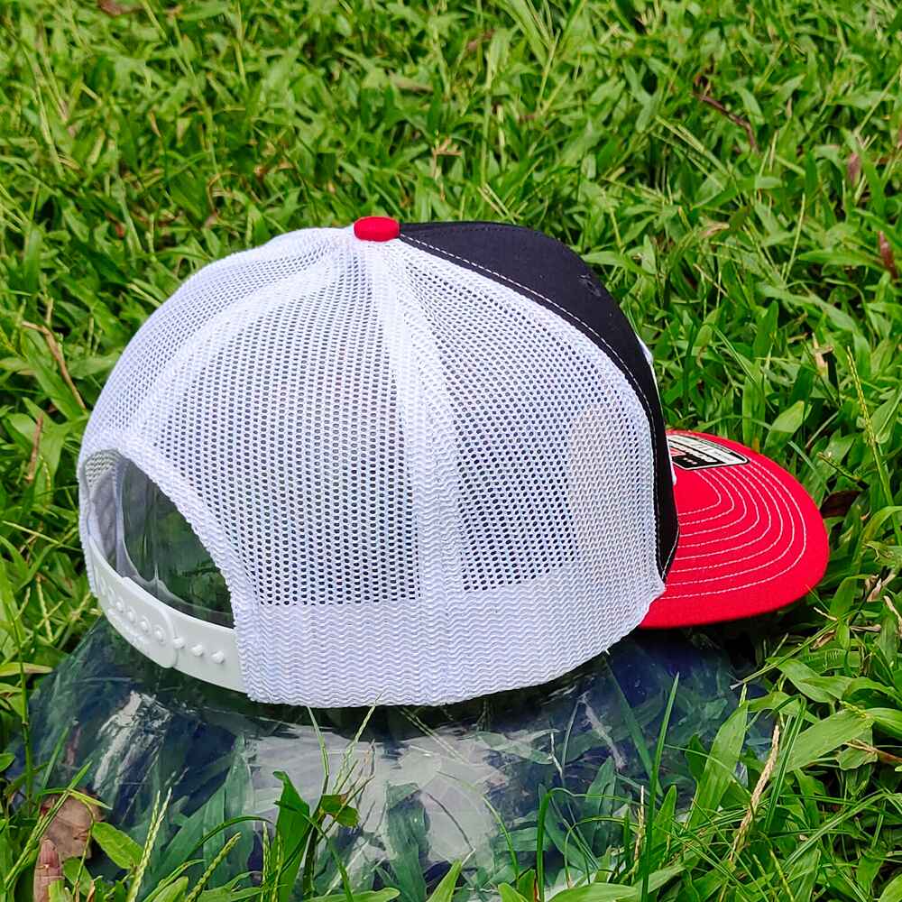 Topone Custom Printed Patch on front Navy cotton on front panels White Mesh back Red Cotton Visor Trucker hats  Back View