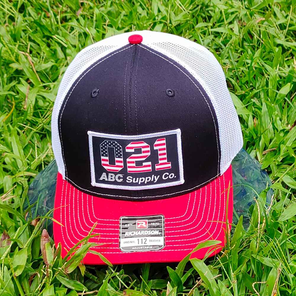 Topone Custom Printed Patch on front Navy cotton on front panels White Mesh back Red Cotton Visor Trucker hats Front View