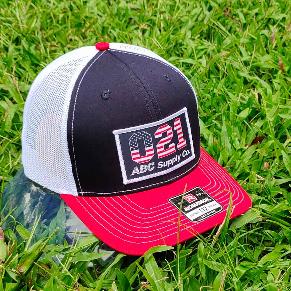 Topone Custom Printed Patch on front Navy cotton on front panels White Mesh back Red Cotton Visor Trucker hats  Right View