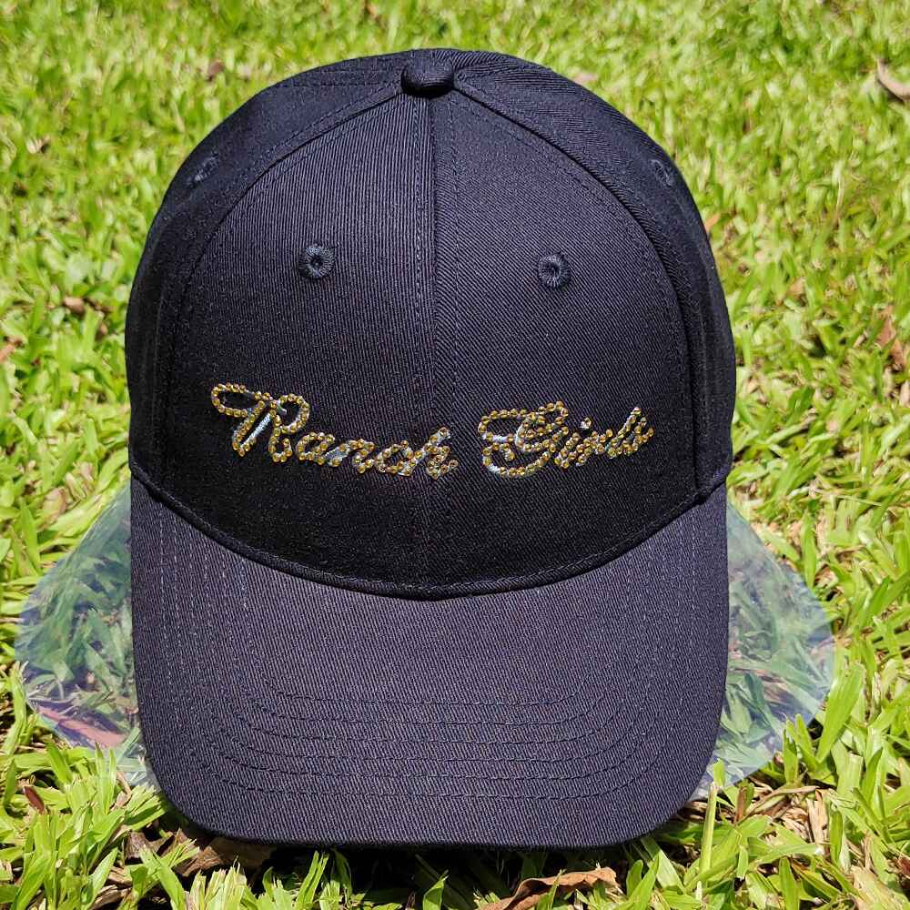 Topone Custom Rhinestones Pattern onto flat embroidery of front panels solid navy color cotton twill baseball caps Front View