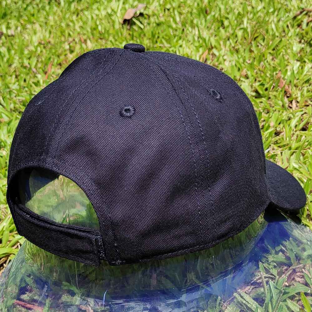Topone Custom Rhinestones Pattern onto flat embroidery of front panels solid navy color cotton twill baseball caps Right Back View