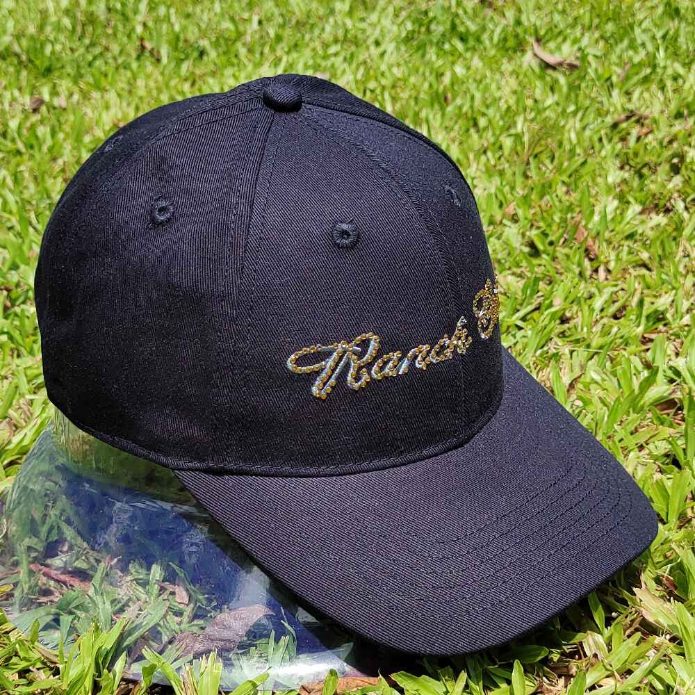Topone Custom Rhinestones Pattern onto flat embroidery of front panels solid navy color cotton twill baseball caps Right Right View