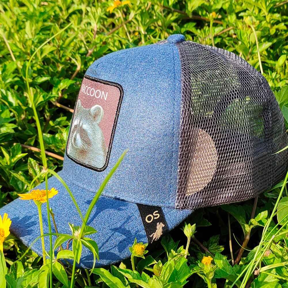 Topone Custom Sublimate Printed on front Felt Fabric Solid Blue Color On the front and visor Solid Black Mesh Back Trucker Hats Left View