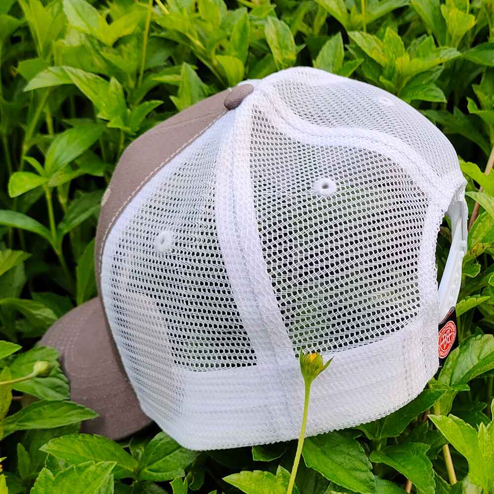 Topone Custom Woven Patch on front panels Charcoal Cotton Twill Fabric on front and visor White Polyester mesh on back Back view