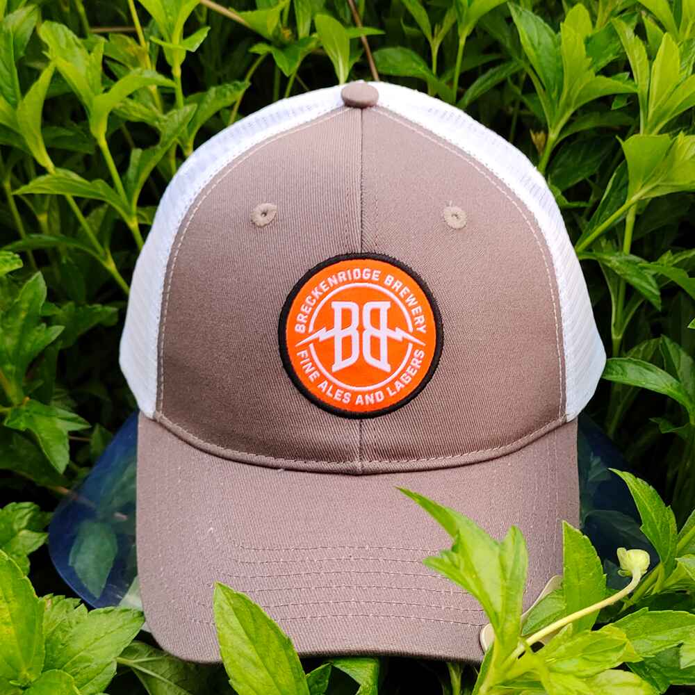 Topone Custom Woven Patch on front panels Charcoal Cotton Twill Fabric on front and visor White Polyester mesh on back Front View