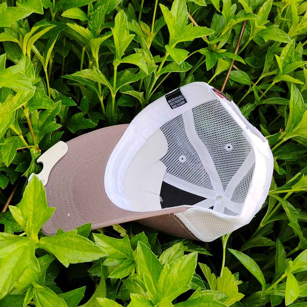 Topone Custom Woven Patch on front panels Charcoal Cotton Twill Fabric on front and visor White Polyester mesh on back Inner View
