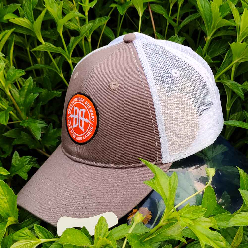 Topone Custom Woven Patch on front panels Charcoal Cotton Twill Fabric on front and visor White Polyester mesh on back Left View